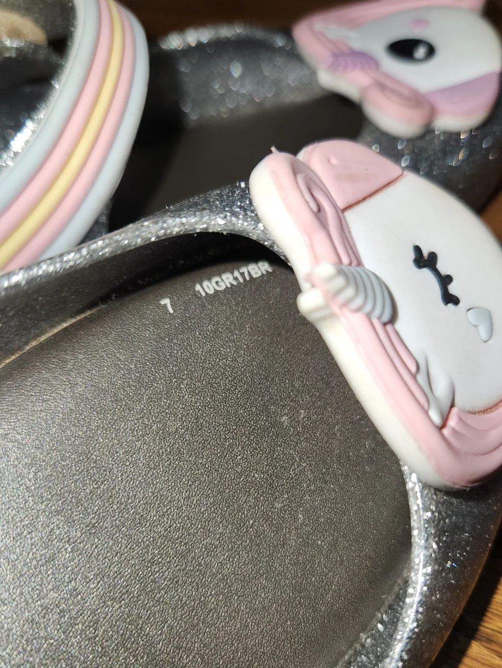 Mini Melissa. Girls Mary Janr Silver Glitter Unicorn Size 7 Or 7.5